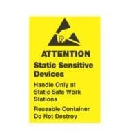 1-3/4 x 2-1/2, "Attention Static Sensitive ... Static Safe Work Station Reusable Container Do Not Destroy"